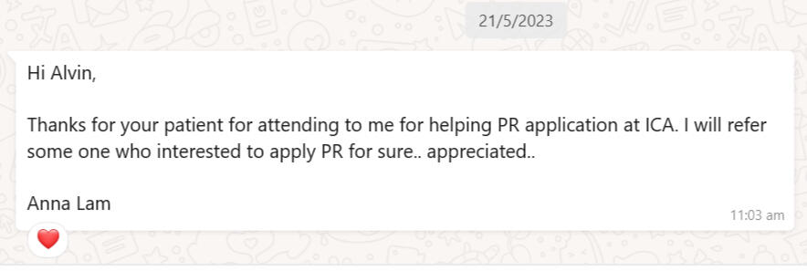 WhatsApp message thanking Alvin for his patient help with a PR application and saying the client would refer others.
